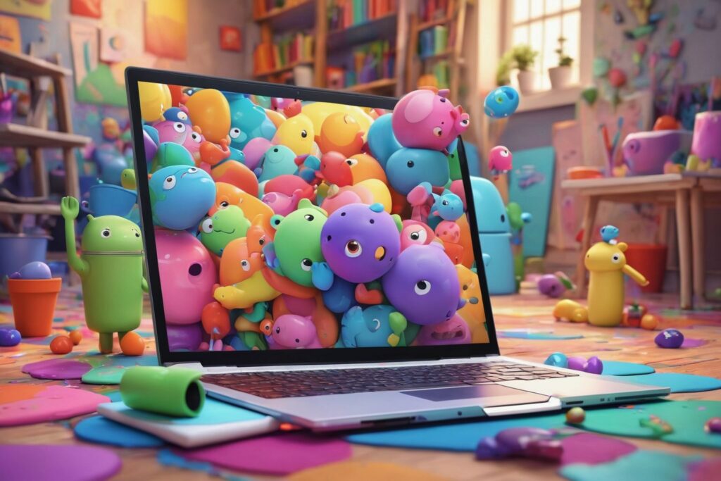 cute colourful robots are bursting out of a laptop screen representing the website being brought to life