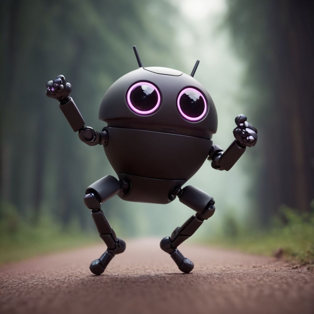 A black robot is standing on a road in the forest.