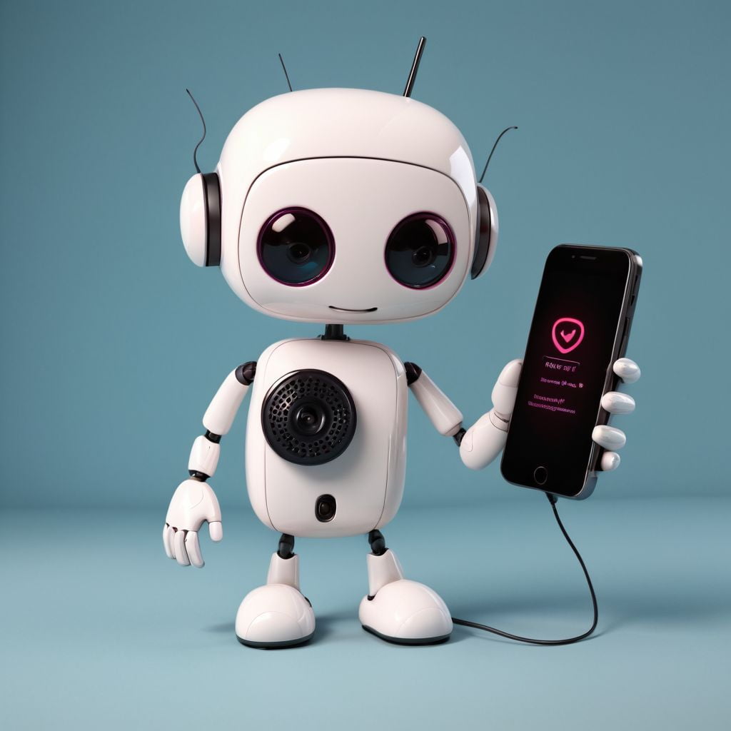 A robot with headphones is holding a cell phone.