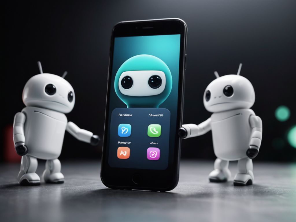 Two robots are holding a phone with an app on it.