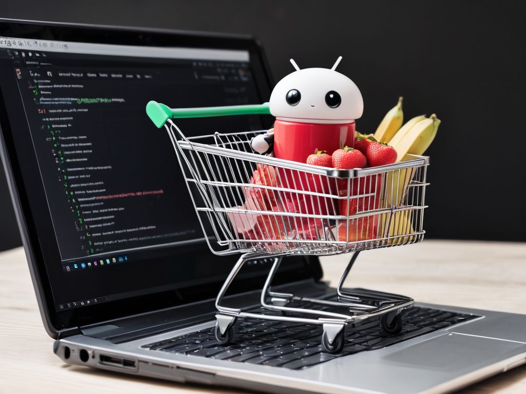 An android toy in a shopping cart sitting on top of a laptop.