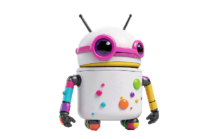 A white robot with colorful dots on his face.