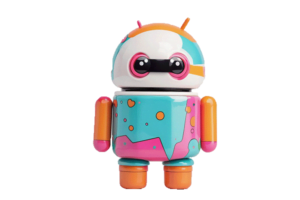 A toy robot with colorful paint on his face.