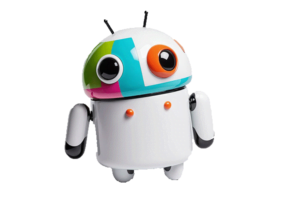 A toy robot with colorful eyes on a white background.