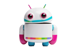 A toy robot with pink and blue eyes.