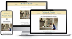A laptop, tablet, and phone are displaying the website for wood's wood.