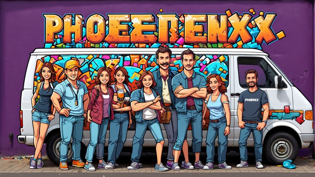 A group of idiot marketeers standing in front of a van with the word phoenix on it.