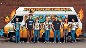 A group of people standing in front of a van with the word Phoenix Marketing on it, a fictitious company.