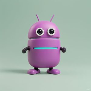A cute purple cartoon robot with two large eyes, antennae, and a design inspired by WordPress website themes, standing against a pastel green background.