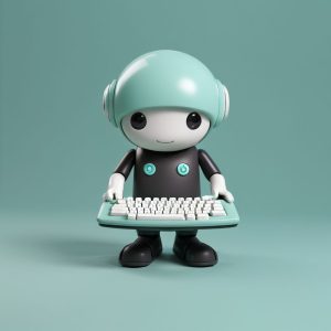 3d illustration of a cute robot character with a helmet standing in front of a plain background while holding a keyboard, symbolizing wordpress website design.