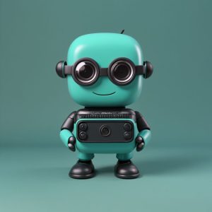 A 3d illustration of a cute robot with oversized glasses and a vintage cassette player for a torso on a teal background, perfect for showcasing the creativity in website design.