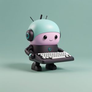 An illustration of a cute, anthropomorphic robot holding a keyboard, designed for WordPress website design.
