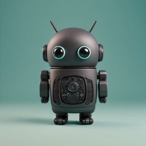 A stylized robot character with large eyes and a speaker-like torso, designed for a WordPress website, on a teal background.