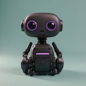 A small black robot with large purple eyes sitting against a teal background on a WordPress website design.