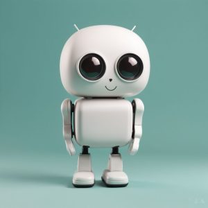 A small, friendly-looking white robot with large eyes standing against a teal background, perfect for a WordPress website design.