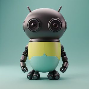 A stylized cartoon-like robot with large eyes and a two-toned body standing against a teal background, ideal for website design projects.