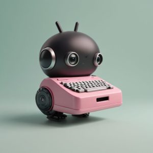 A whimsical illustration of a robot with a wordpress website design for its typewriter body and an android head on a plain background.