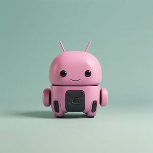A pink cartoon-style robot character, designed for a WordPress website design theme, with a friendly face against a pastel green background.