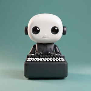 A digital illustration of a stylized robot character with a large head, using a keyboard against a teal background, designed for promoting WordPress care plans.