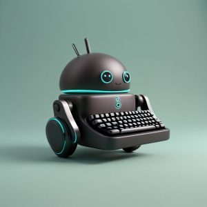 A 3d illustration of a robot with a typewriter body and large, expressive eyes, designed to symbolize WordPress website design, on a mint green background.