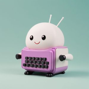 A smiling cartoon-style robot with a purple body and a "website design" keyboard on its front against a teal background.