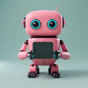 A pink robot with large eyes holding a tablet showcasing a WordPress website design against a teal background.