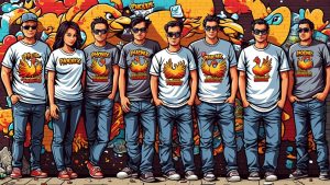Eight individuals stand in front of a colorful graffiti wall, each wearing identical t-shirts with a phoenix design, sunglasses, and similar jeans.
