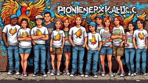 A group of animated characters smiling and posing in front of a wall with colorful graffiti, wearing white t-shirts with various designs, including a prominent phoenix graphic.